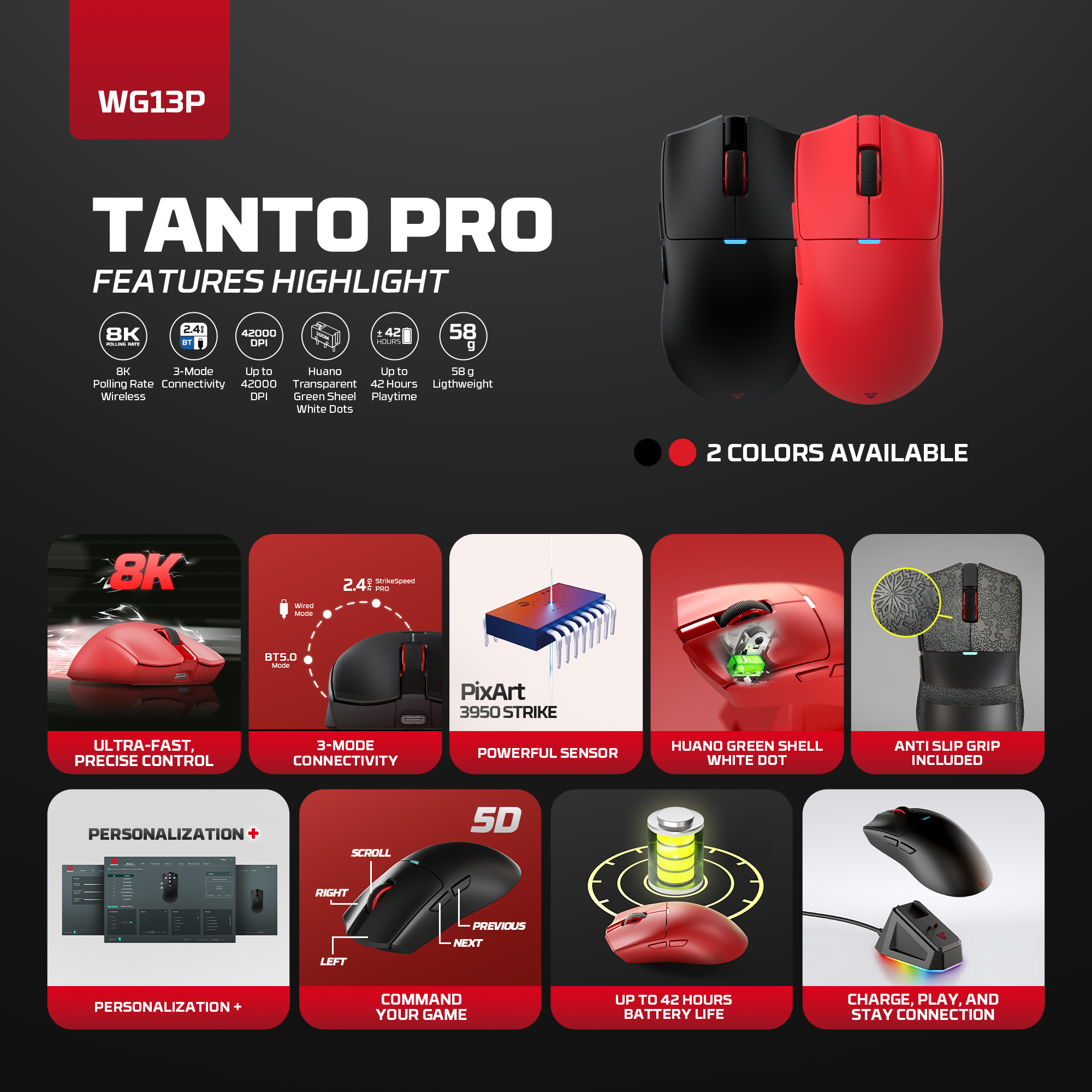 WG13P TANTO PRO Black Ultimate Gaming Mouse Inalámbrico 42.000 DPI y 8.000 Hz 15