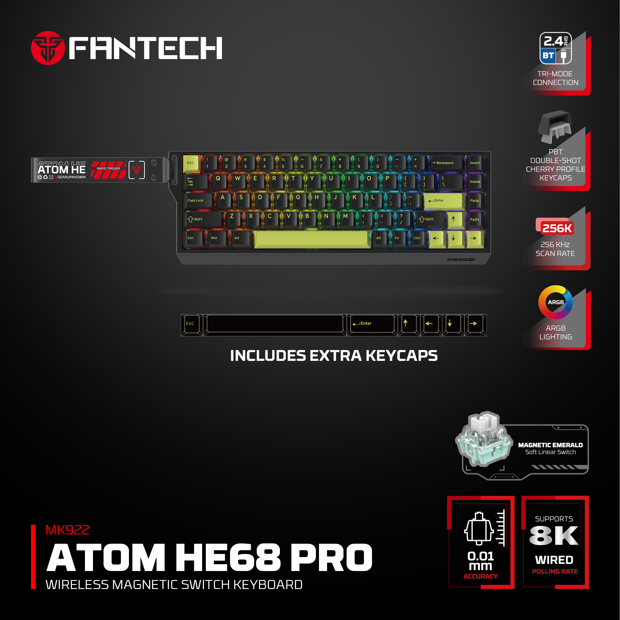 MK922 ATOM HE68 PRO Retro Teclado inalámbrico Magnético 60% 8.000 Hz Layout USA 13