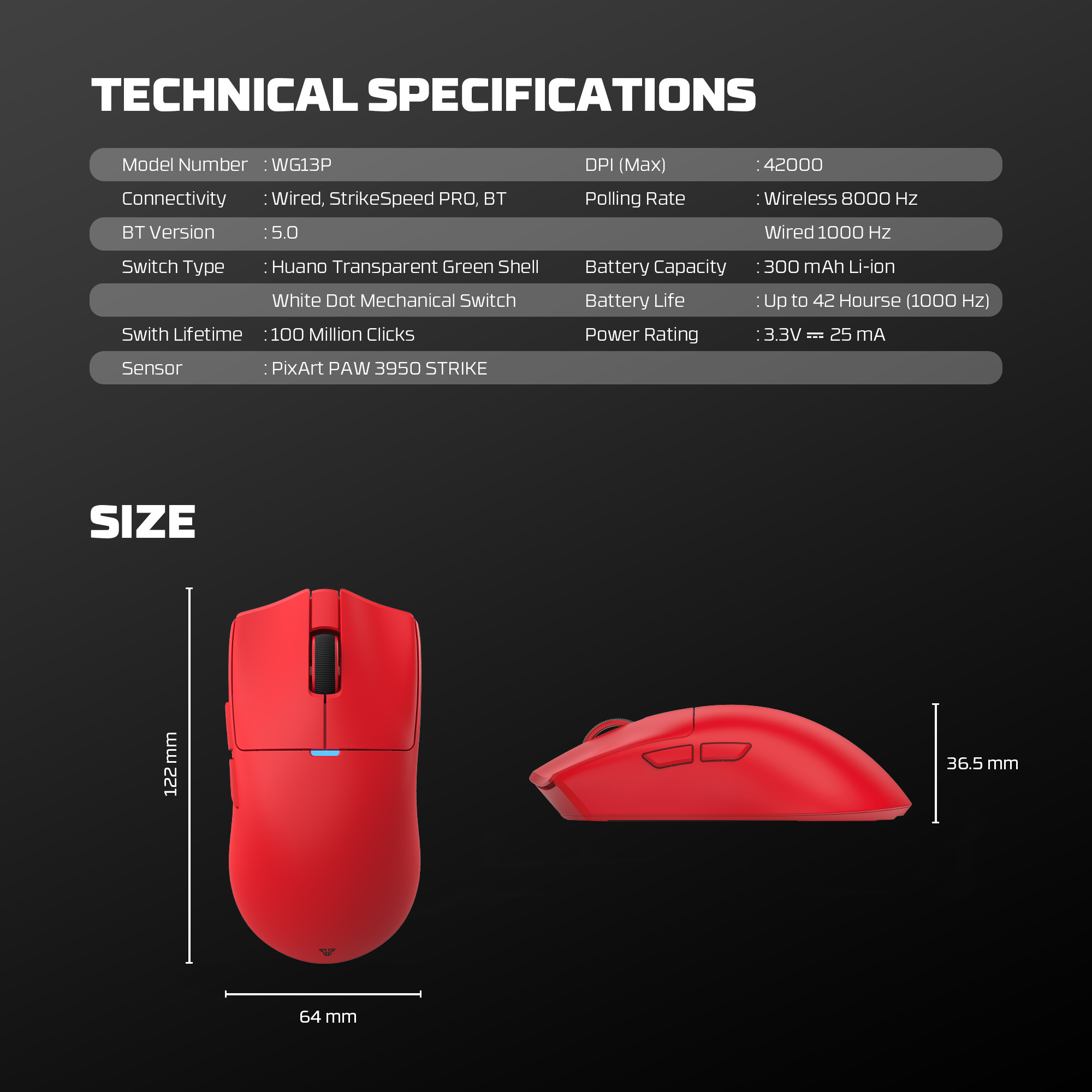WG13P TANTO PRO Black Ultimate Gaming Mouse Inalámbrico 42.000 DPI y 8.000 Hz 20