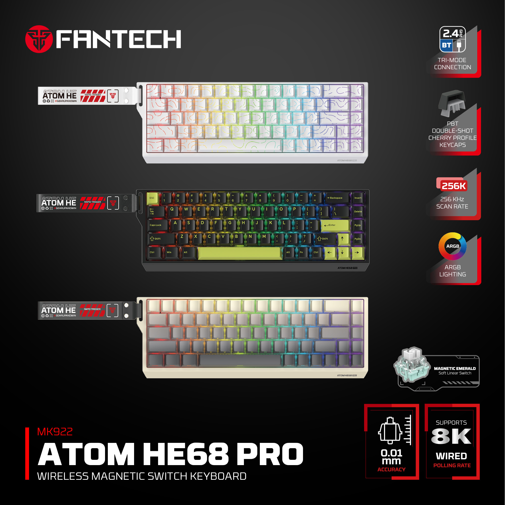 MK922 ATOM HE68 PRO Retro Teclado inalámbrico Magnético 60% 8.000 Hz Layout USA 17
