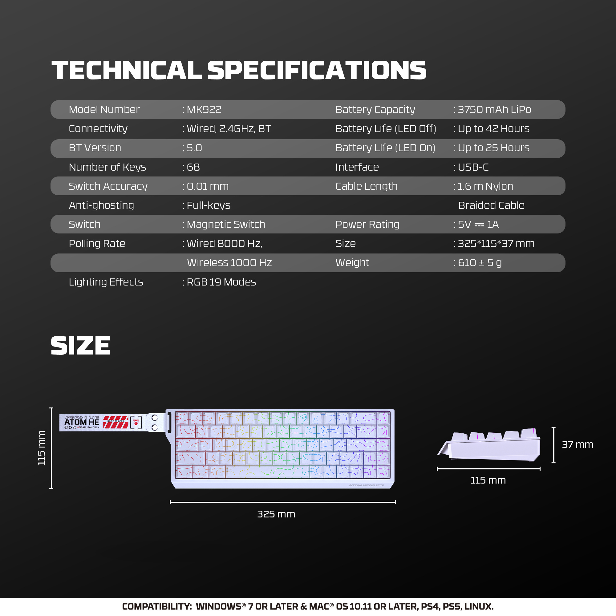 MK922 ATOM HE68 PRO Retro Teclado inalámbrico Magnético 60% 8.000 Hz Layout USA 19