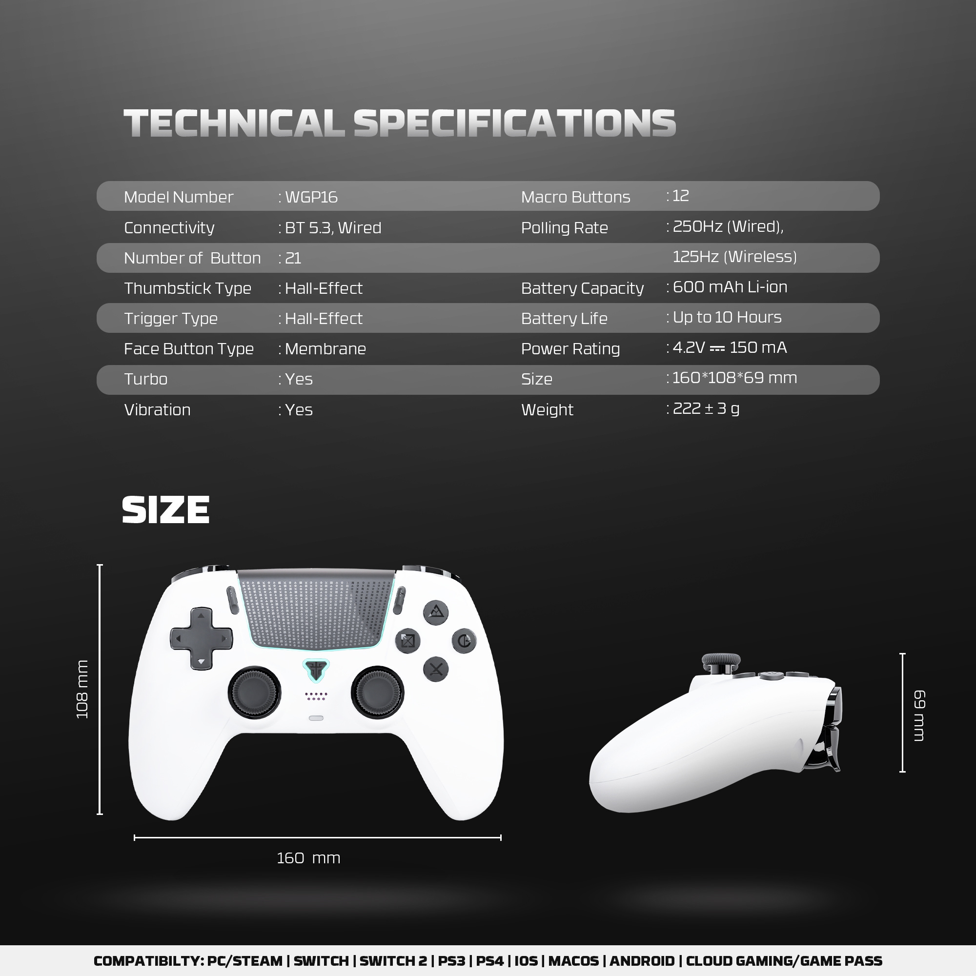 WGP16 NOVA II White Control Inalámbrico Multiplataforma Switch 2 PC PS4 16