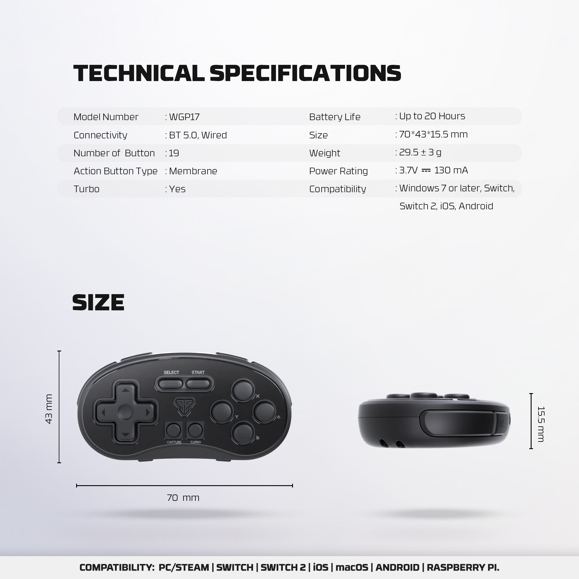WGP17 EOS MINI Black Control inalámbrico de bolsillo Multiplataforma Nintendo Switch 17