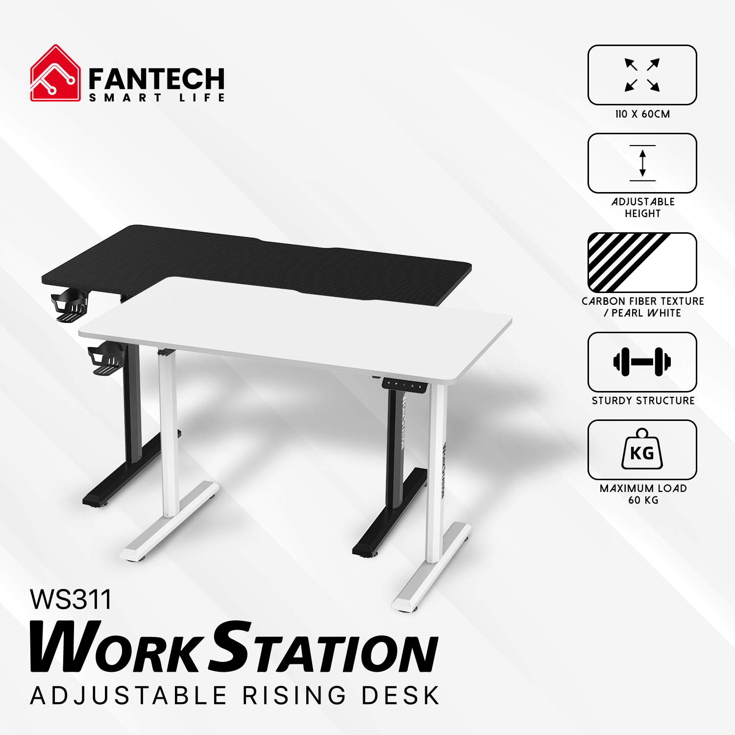 WS311 WORKSTATION Pearl White Escritorio con Control de Elevación Automática 13