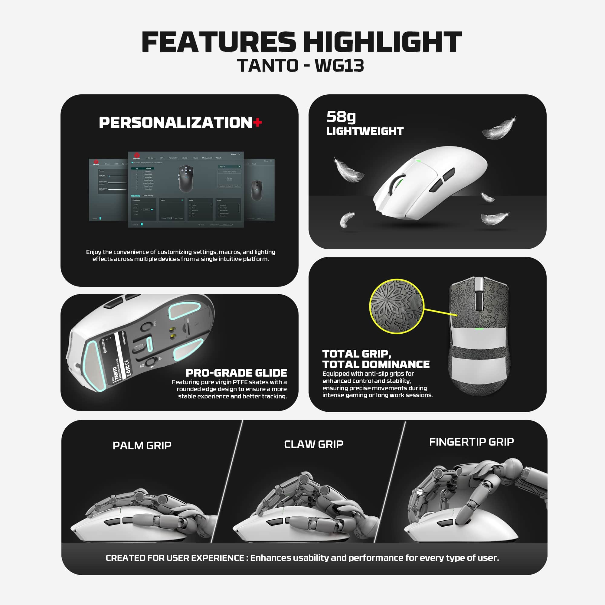 WG13 TANTO White Pro Gaming Mouse Inalámbrico 26.000 DPI con dock de carga RGB 13