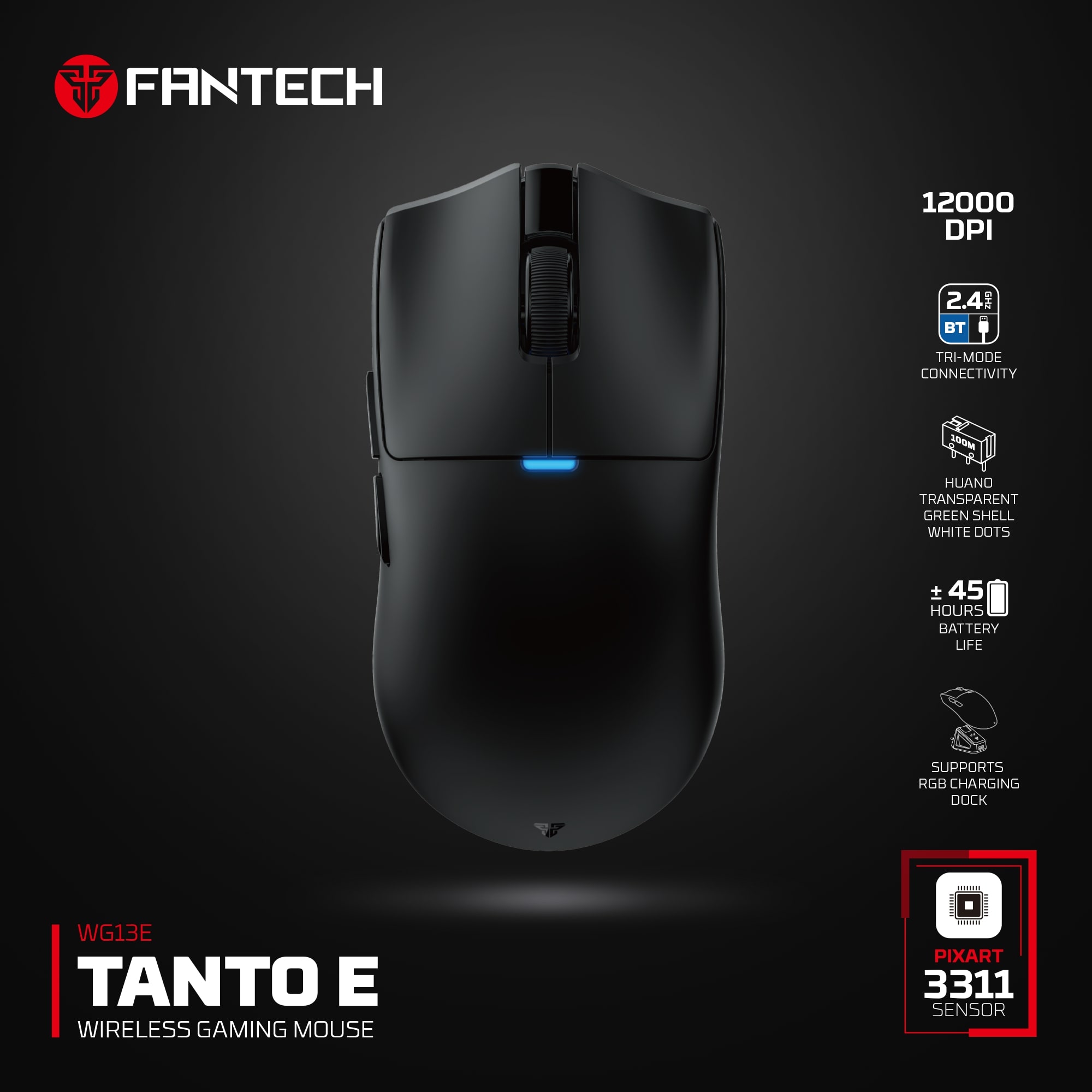 WG13E TANTO E Black Gaming Mouse Inalámbrico 12.000 DPI con dock de carga RGB 30