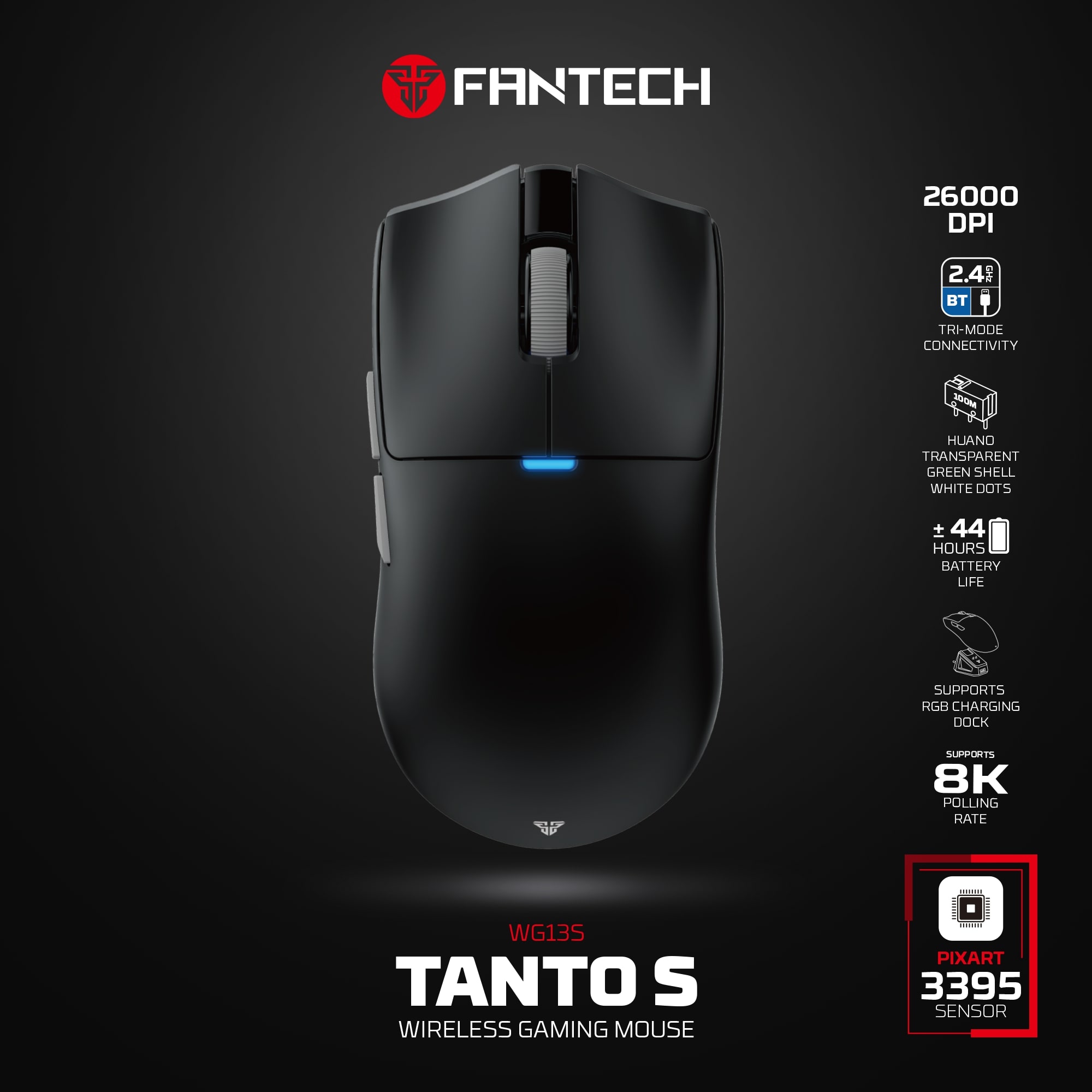 WG13s TANTO S Black Ultimate Gaming Mouse Inalámbrico 26.000 DPI y 8.000 Hz con dock de carga RGB 27