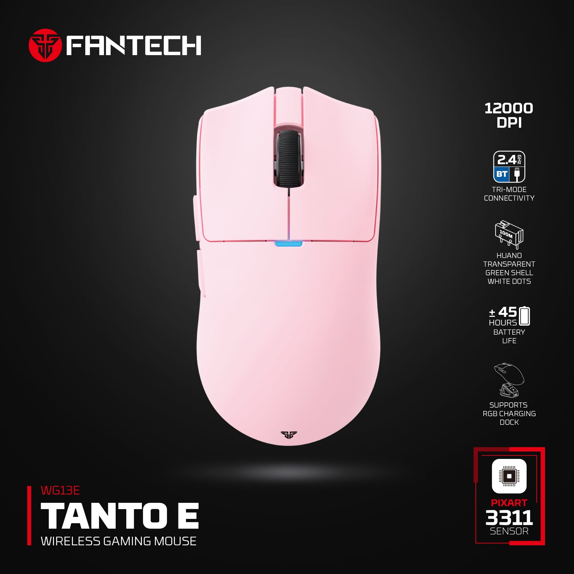 WG13E TANTO E Pink Gaming Mouse Inalámbrico 12.000 DPI con dock de carga RGB 29