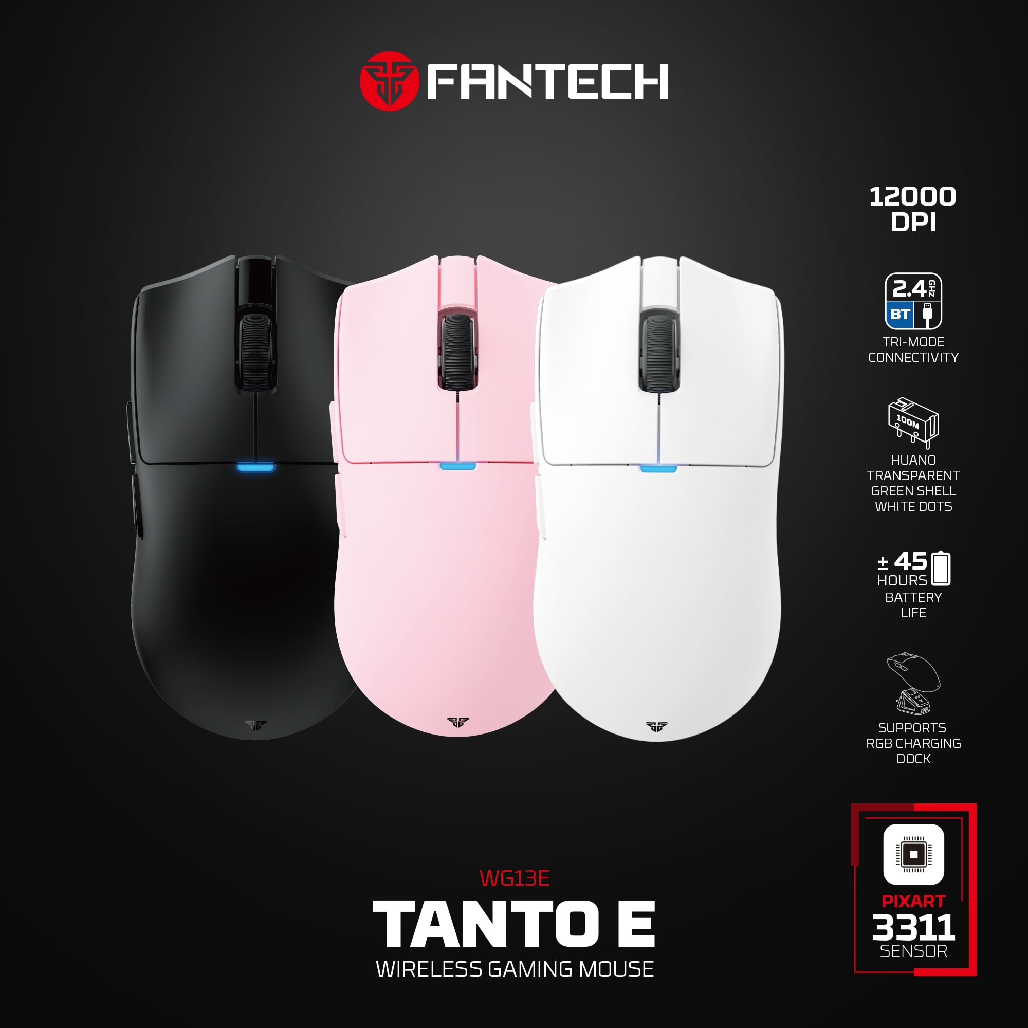 WG13E TANTO E Black Gaming Mouse Inalámbrico 12.000 DPI con dock de carga RGB 31