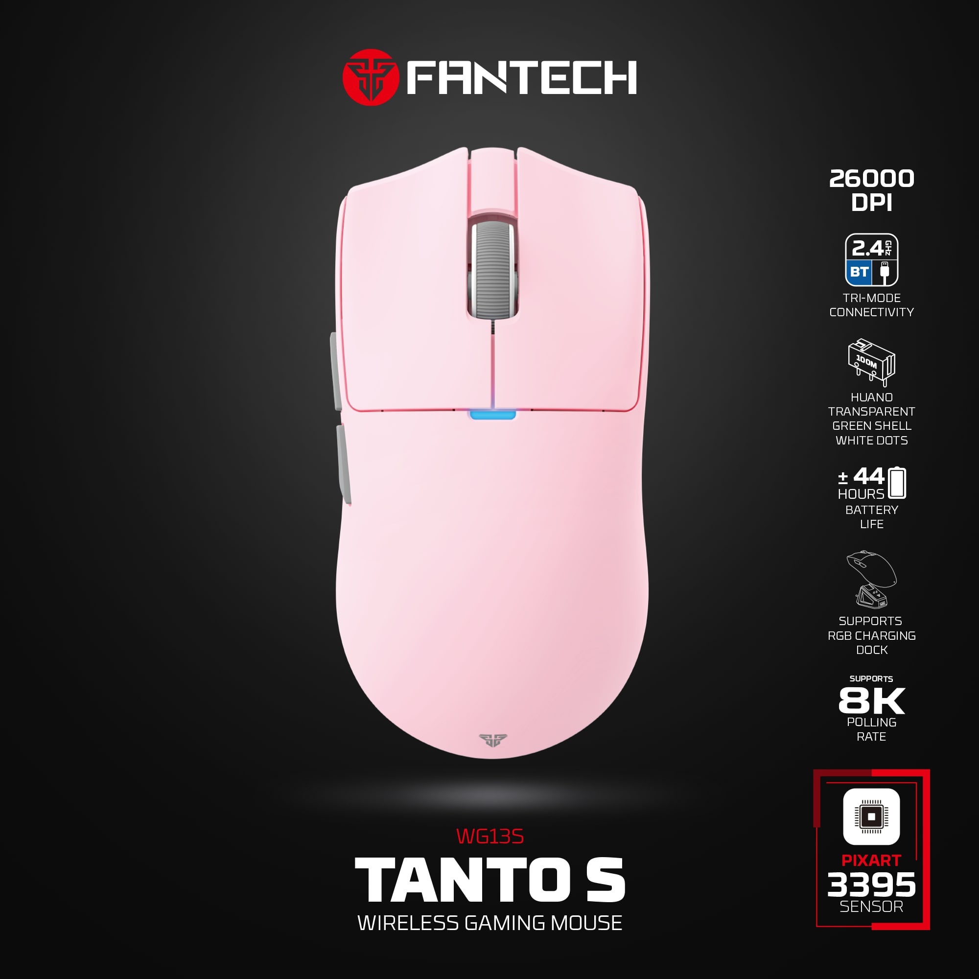 WG13s TANTO S Pink Ultimate Gaming Mouse Inalámbrico 26.000 DPI y 8.000 Hz con dock de carga RGB 27