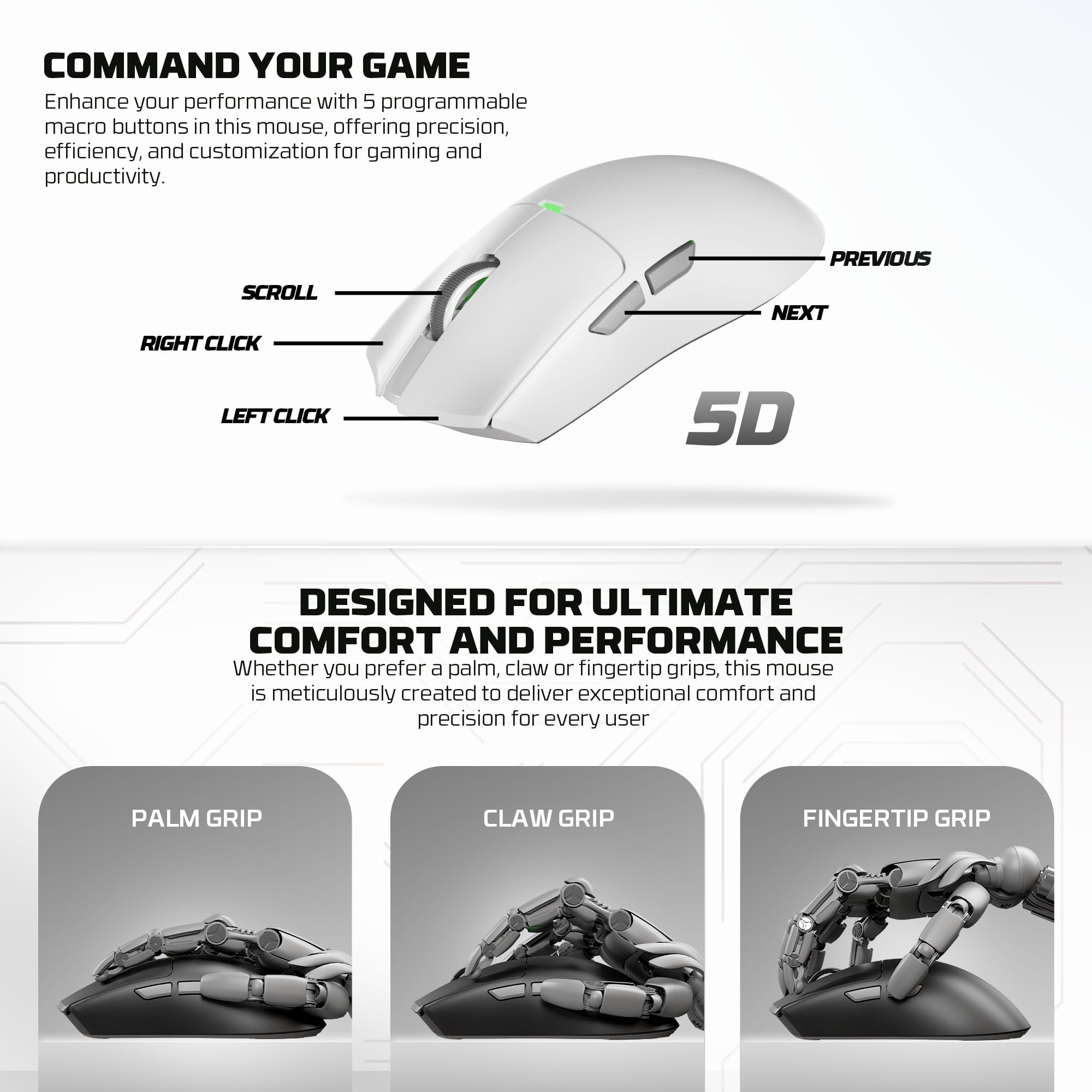 WG13s TANTO S White Ultimate Gaming Mouse Inalámbrico 26.000 DPI y 8.000 Hz con dock de carga RGB 25