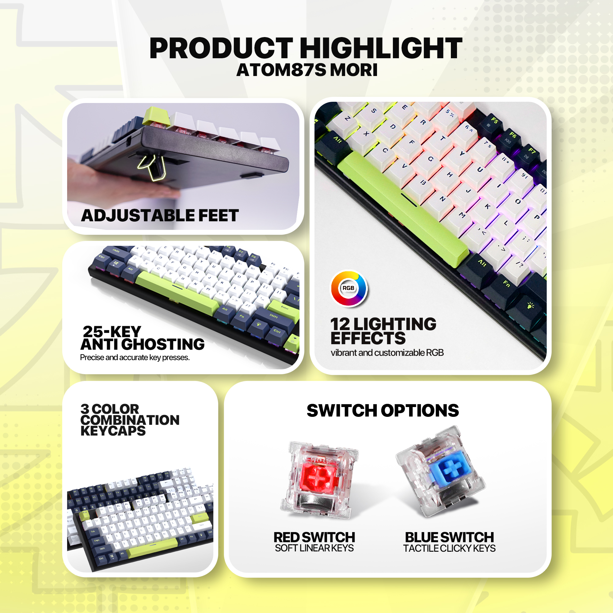 MK877s ATOM87s Mori White Teclado mecánico 80% Hot-Swappable Layout USA 10