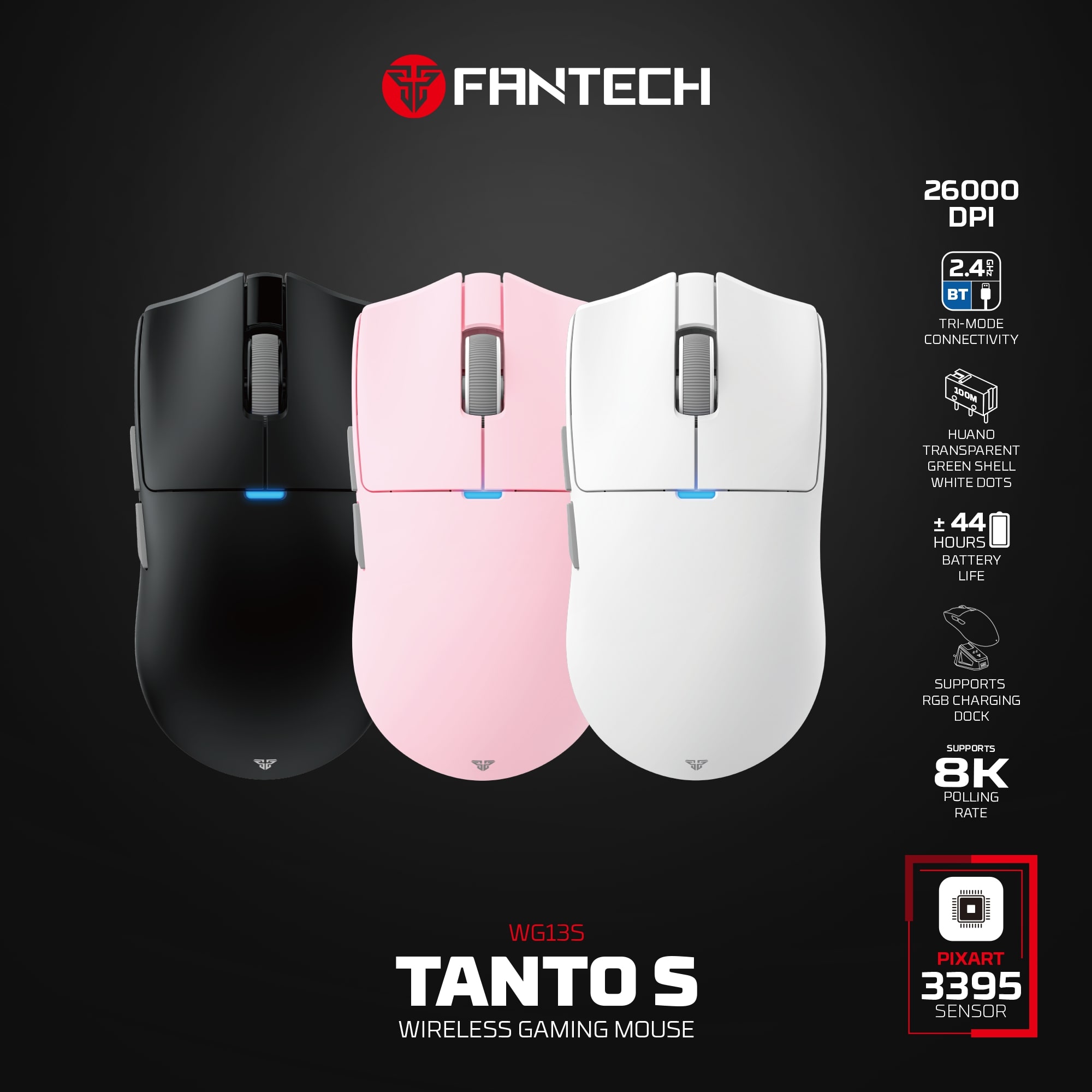 WG13s TANTO S White Ultimate Gaming Mouse Inalámbrico 26.000 DPI y 8.000 Hz con dock de carga RGB 28