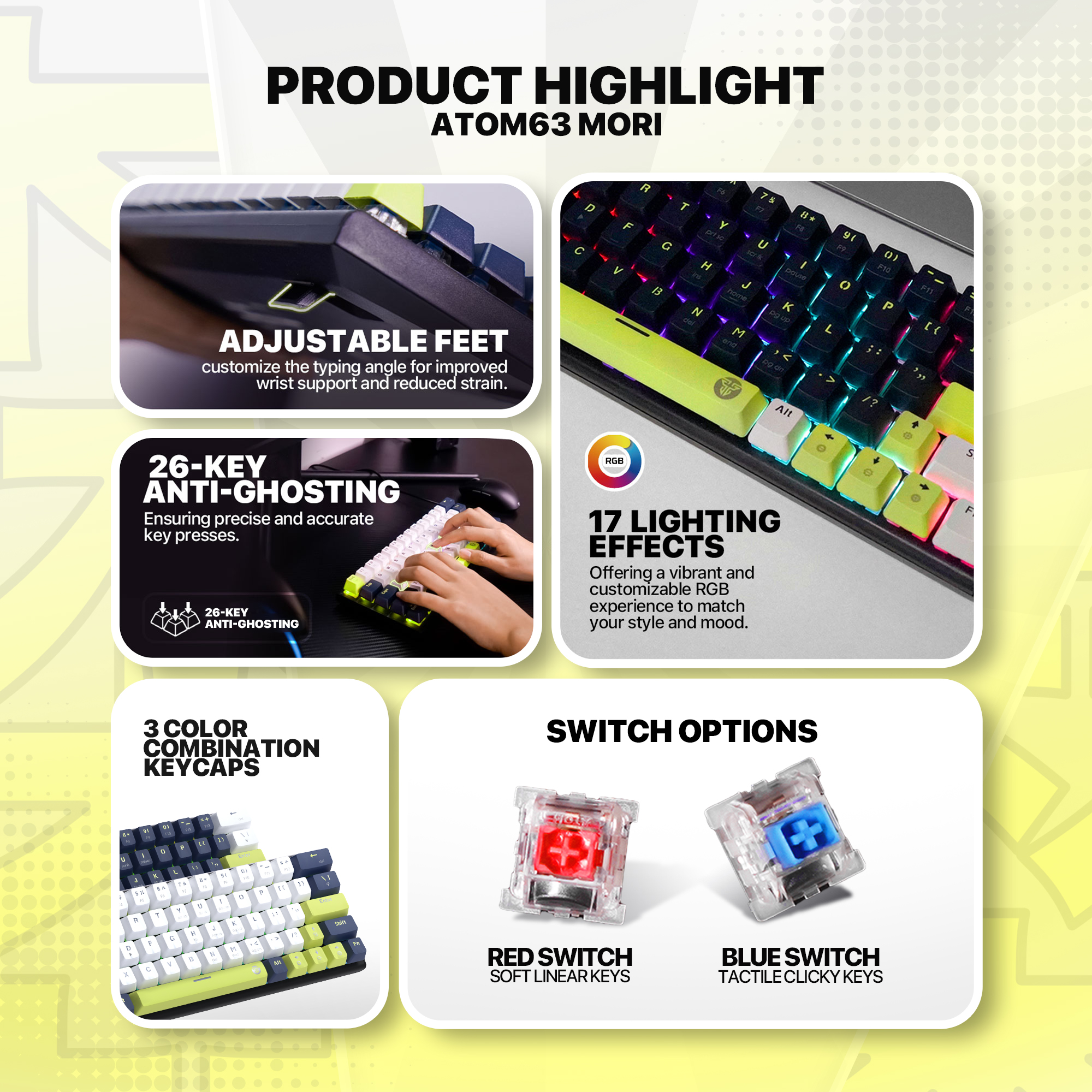 MK874V2 ATOM63 Mori White Teclado Mecánico 60% Hot-Swappable Layout USA 16