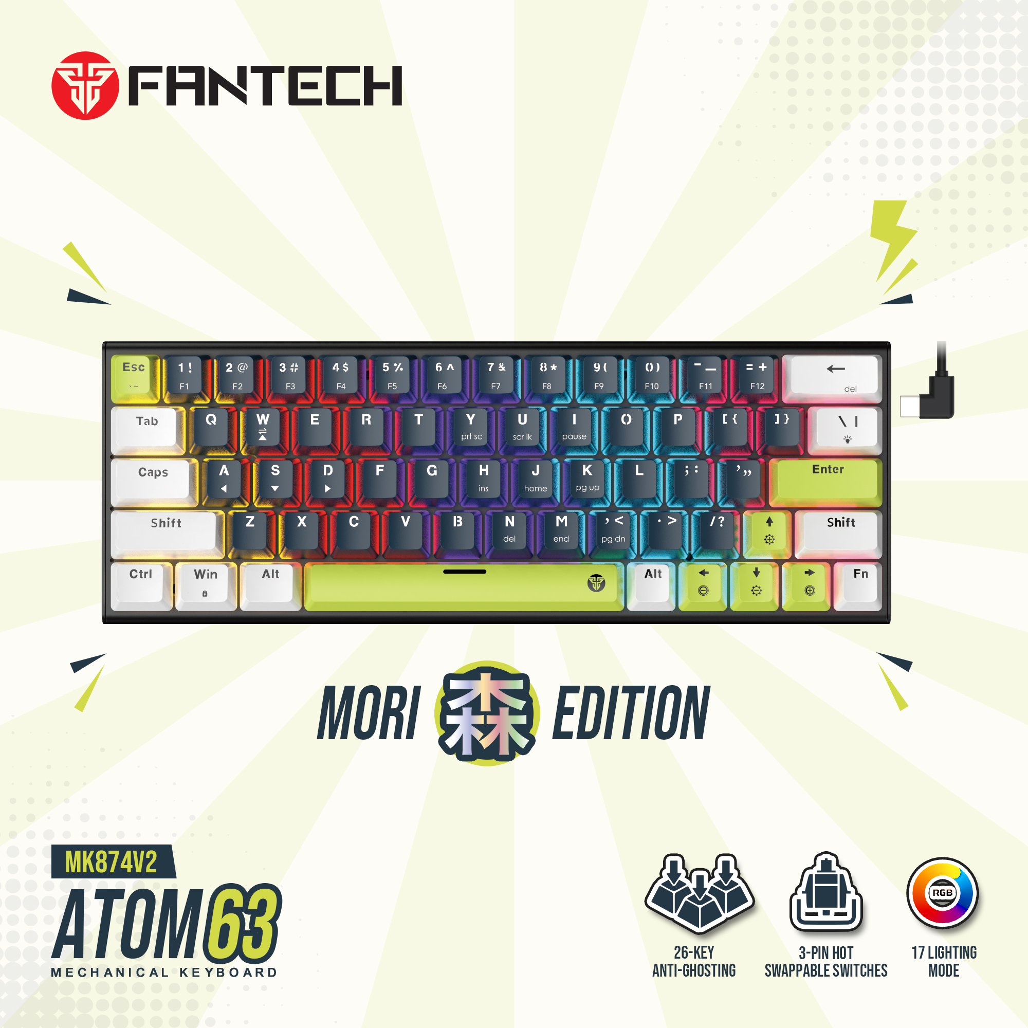MK874V2 ATOM63 Mori Blue Teclado Mecánico 60% Hot-Swappable Layout USA 25