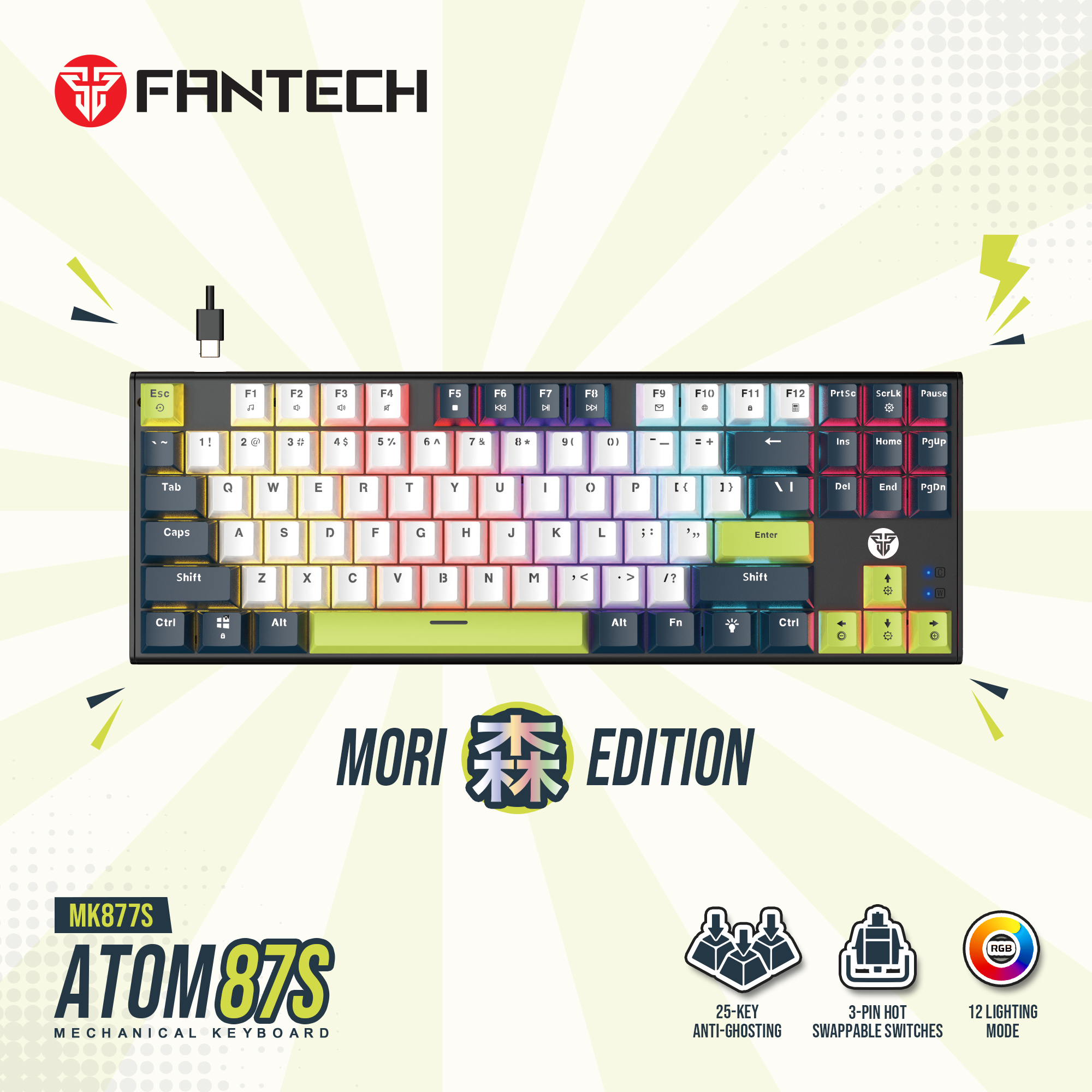 MK877s ATOM87s Mori White Teclado mecánico 80% Hot-Swappable Layout USA 19