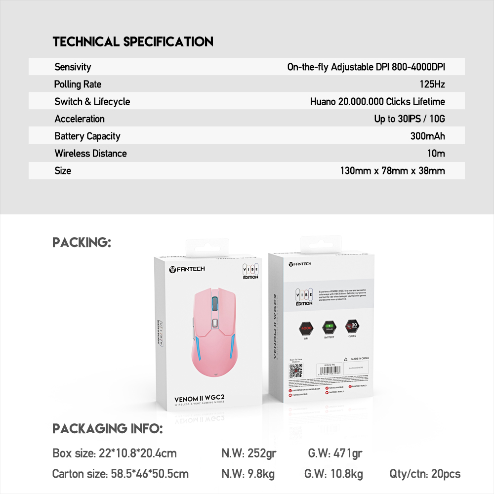 WGC2 VENOM II Vibe Edition Pink Mouse Inalámbrico 4.000 DPI 11