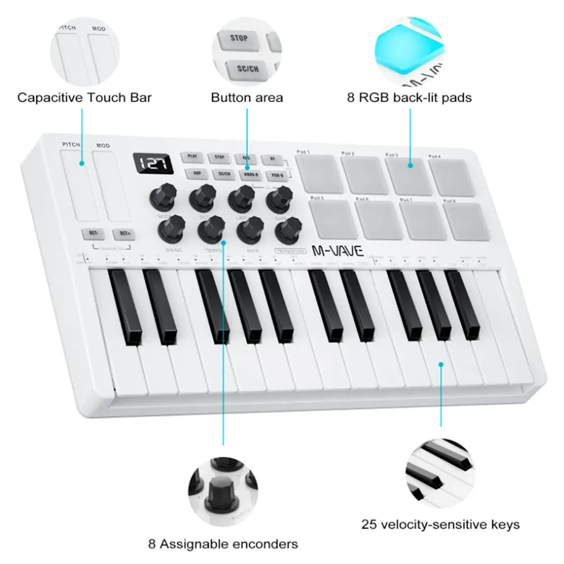 M-Vave SMK25 - Controlador MIDI Bluetooth Blanco 2