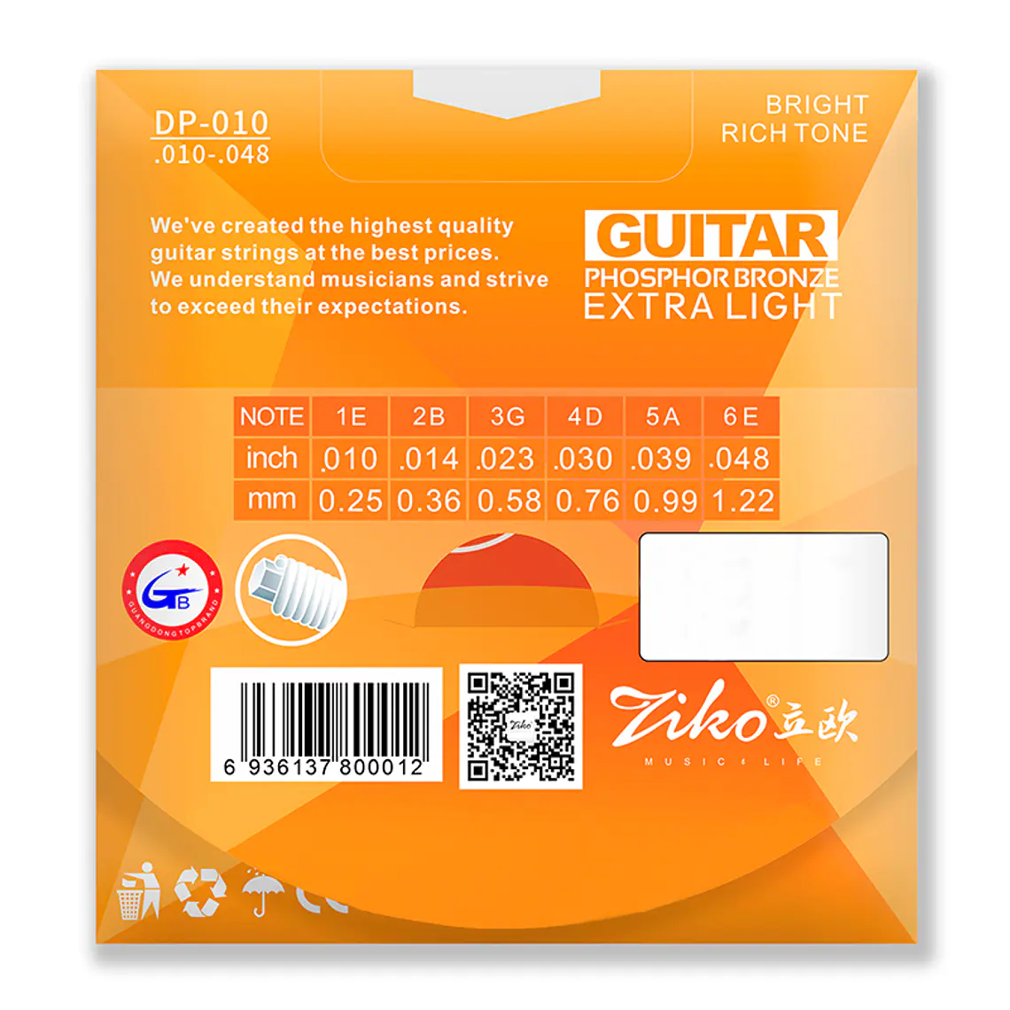 Ziko Cuerdas Metálicas Guitarra Acústica 0.10 DP-010 2
