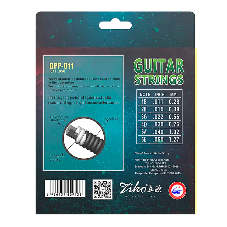 Ziko Cuerdas Metálicas Guitarra Acústica 0.11 / + 2 Cuerdas DPP-011 2