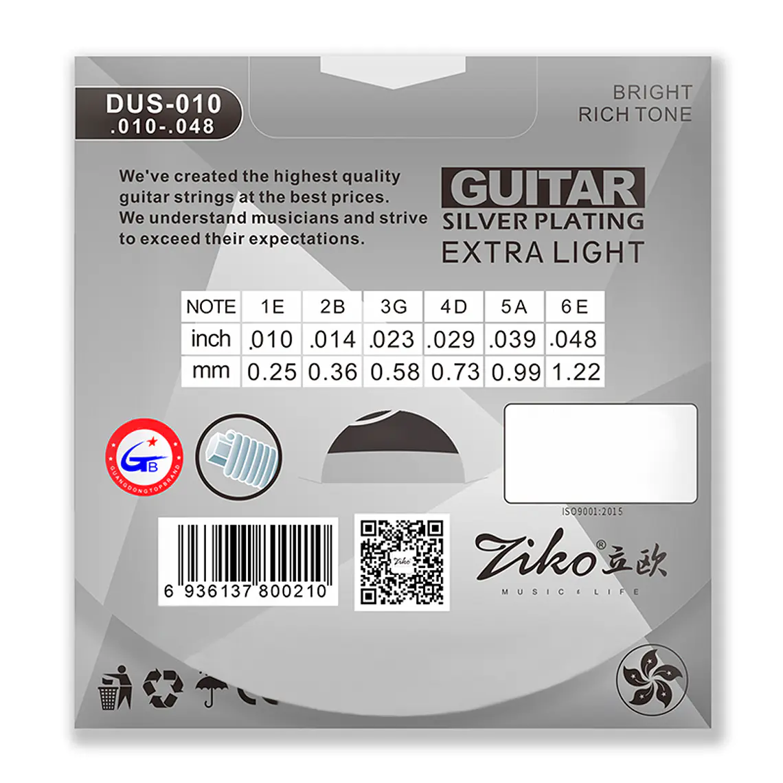 Ziko Cuerdas Metálicas Guitarra Acústica 0.10 DUS-010 2