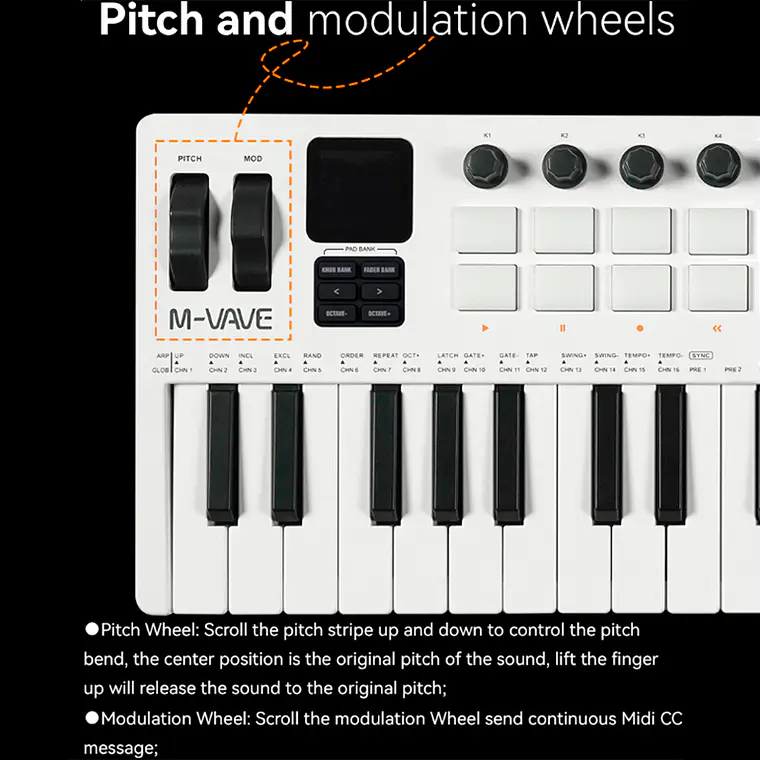 M-Vave SMK37 PRO - Controlador MIDI Bluetooth Sintetizador Blanco 7