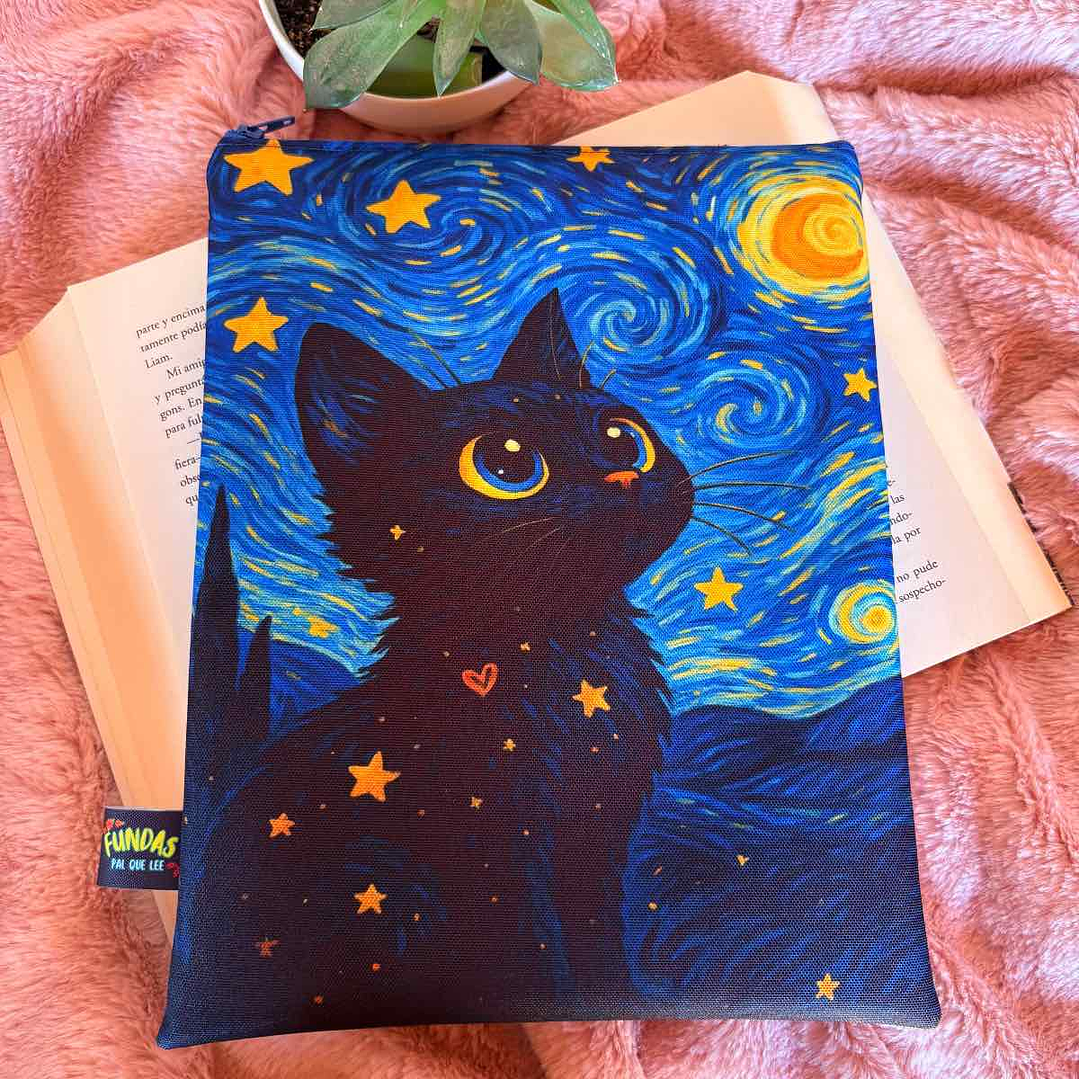 Funda Para Libro (Con Cierre) - Gatito Bebe Noche Estrellada 1