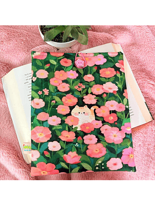 Funda Para Libro (Con Boton) - Gatito Con Flores