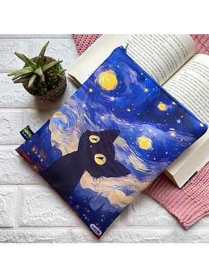 Funda Para Libro (Con Cierre) - Gato Noche Estrellada