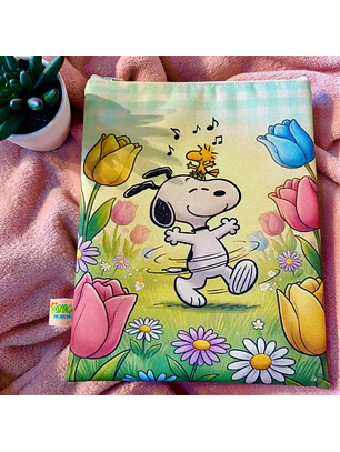Funda Para Libro (Con Cierre) -  Snoopy Y Woodstock Tulipanes Colores