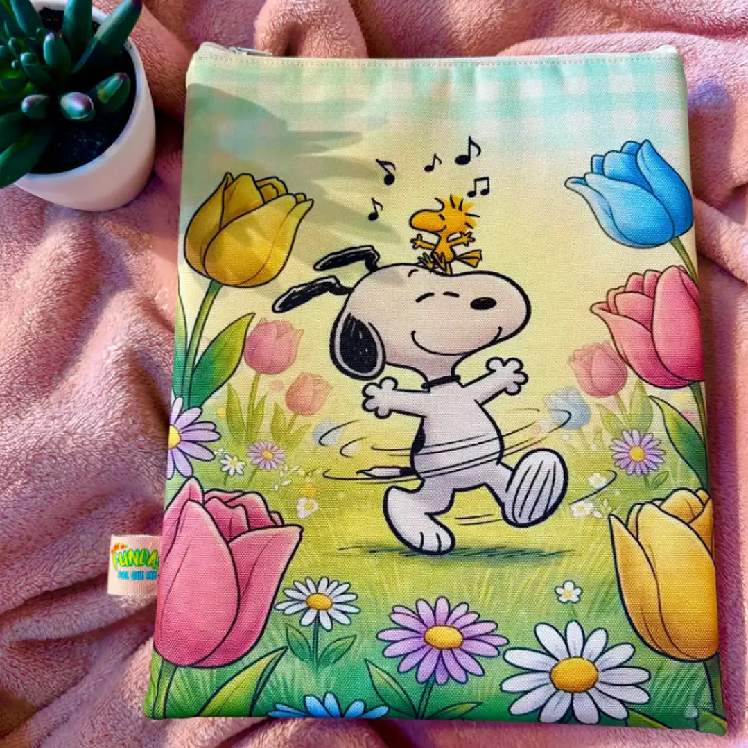Funda Para Libro (Con Cierre) -  Snoopy Y Woodstock Tulipanes Colores 1
