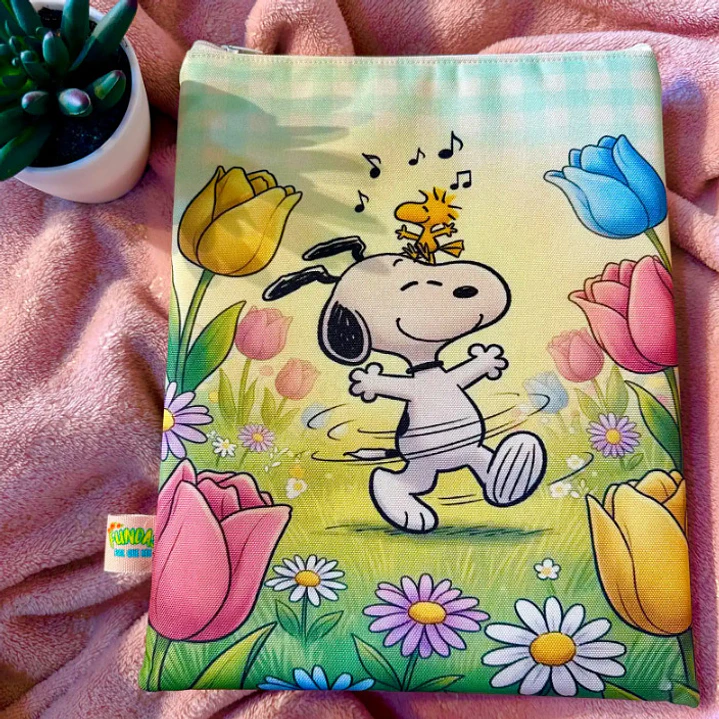 Funda Para Libro (Con Cierre) -  Snoopy Y Woodstock Tulipanes Colores 1