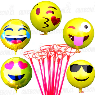 12 Globos emoticones metálicos 45 cm más varas