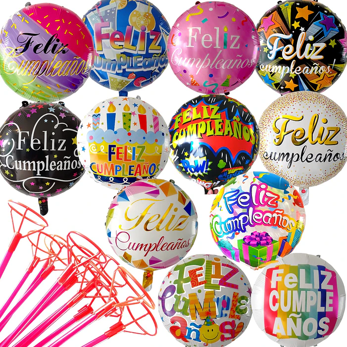 Pack 12 globos cumpleaños 12 diseños c/varas (N1) 1
