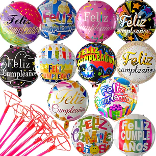 Pack 12 globos cumpleaños 12 diseños c/varas (N1)