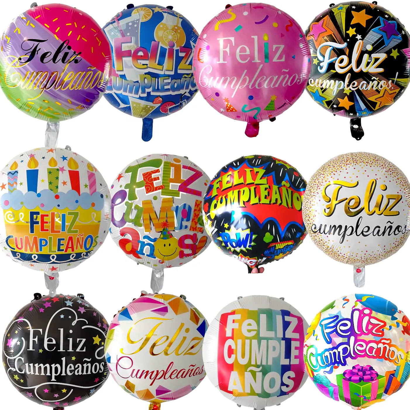 Pack 12 globos cumpleaños 12 diseños c/varas (N1) 2