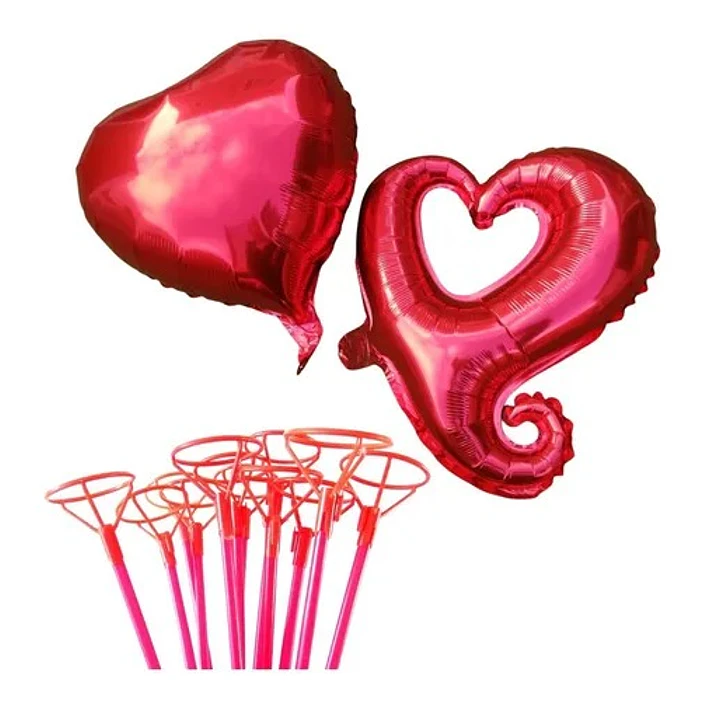 12 Globos corazón metálicos 45 cm liso/Corazón hueco con varas  1