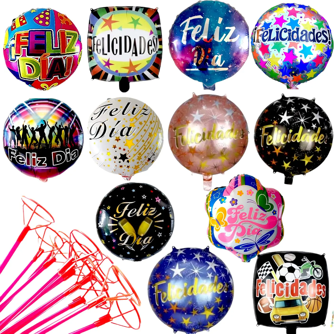 24 Globos Feliz Día o Felicidades 12  Diseños INCLUYE VARAS   2