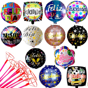24 Globos Feliz Día o Felicidades 12  Diseños INCLUYE VARAS  