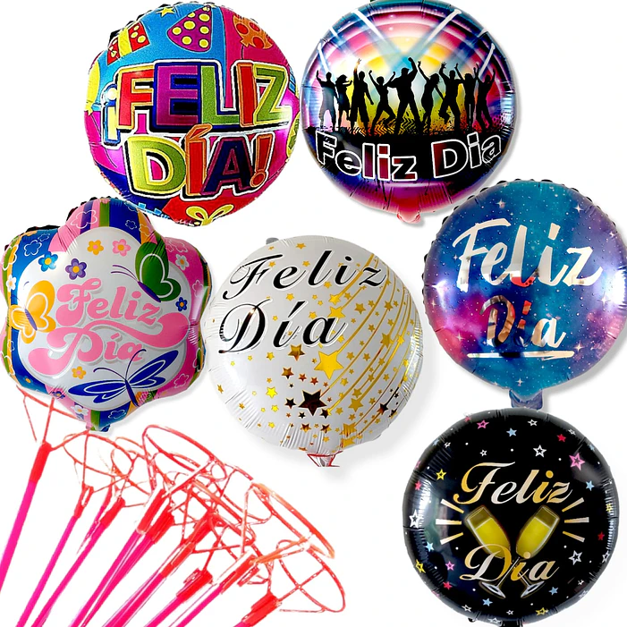 24 Globos Feliz Día o Felicidades 12  Diseños INCLUYE VARAS   3