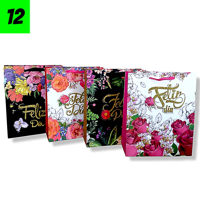 12 Bolsas Feliz Día Flores 40 cm 1