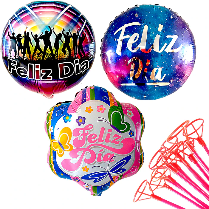 24 Globos Feliz Día 3 o 6 diseños Con Varas 1