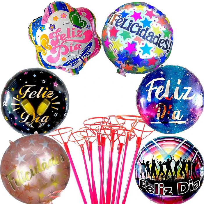 12 Globos Feliz Día 6 Diseños INCLUYE VARAS   2