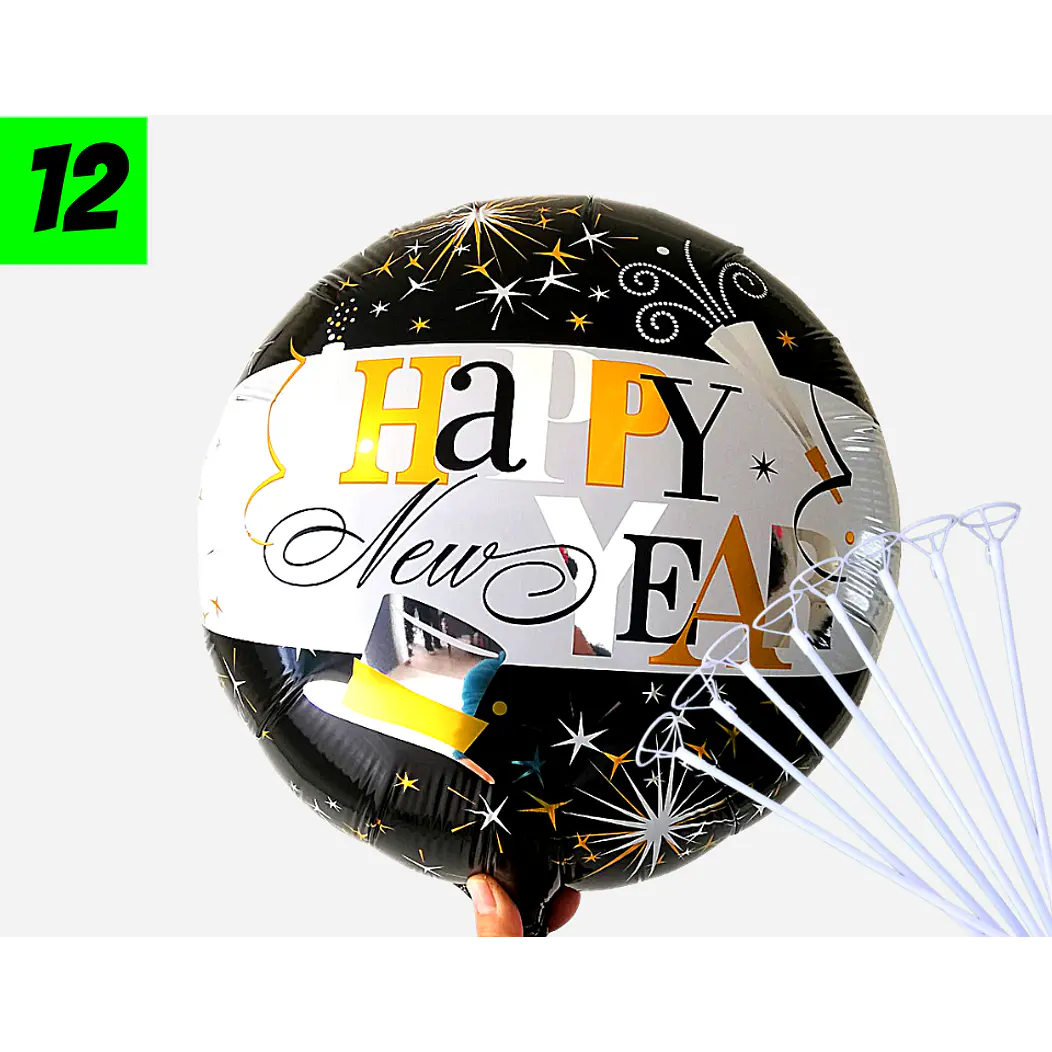 12 Globos happy new year 45 cm con varillas 2
