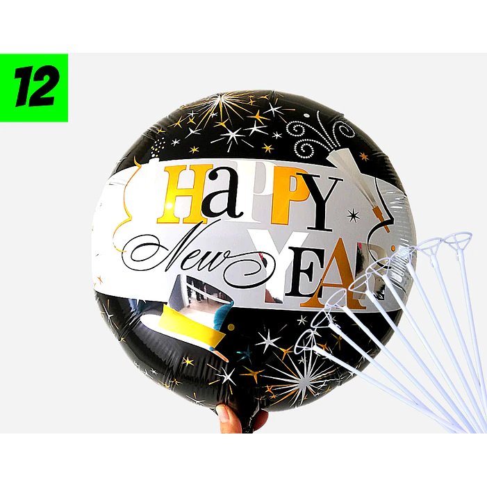 12 Globos happy new year 45 cm con varillas 2
