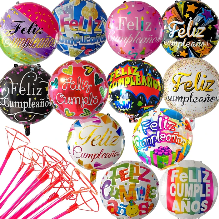 Pack 12 globos cumpleaños 12 diseños c/varas (N1) 4