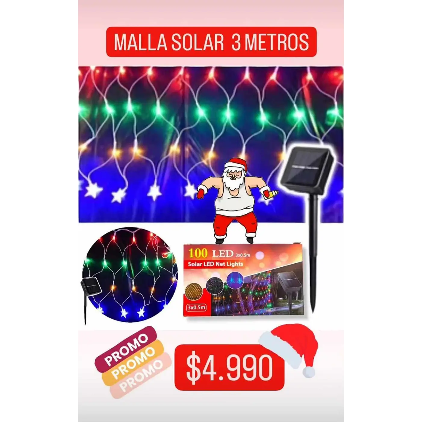 MALLA CORTINA SOLAR MULTICOLOR 3 X 0, 5 METROS/ 100 LUCES LED 1
