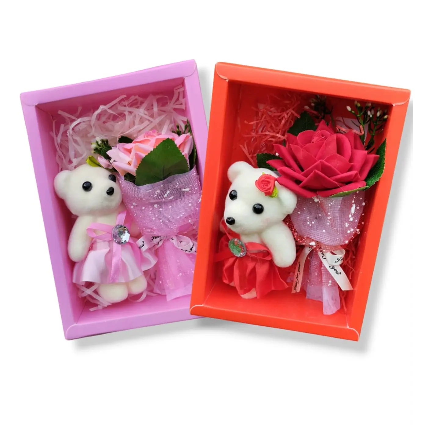 X 2 Regalos Dia Enamorados caja con Oso y ramo rosas ( surtidos rojo y rosado ) 1