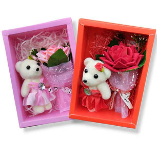 X 2 Regalos Dia Enamorados caja con Oso y ramo rosas ( surtidos rojo y rosado )