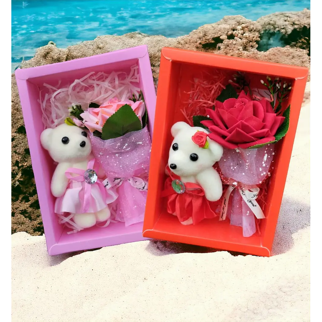 X 2 Regalos Dia Enamorados caja con Oso y ramo rosas ( surtidos rojo y rosado ) 4
